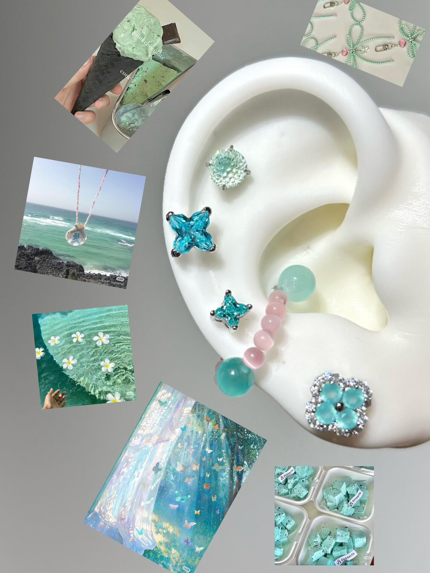 Fresh Mint Clover Cartilage Stud & Pastel Mountain Ear Chain Set – Green Starburst Stud Earrings