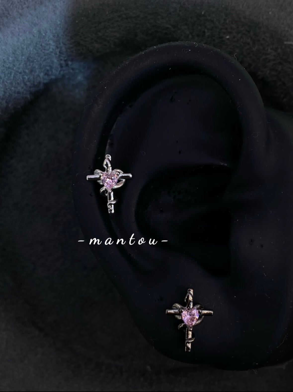 Pink Heart & Snake Wrapped Cross Stud ā Gothic Piercing for Lobe, Helix & Conch