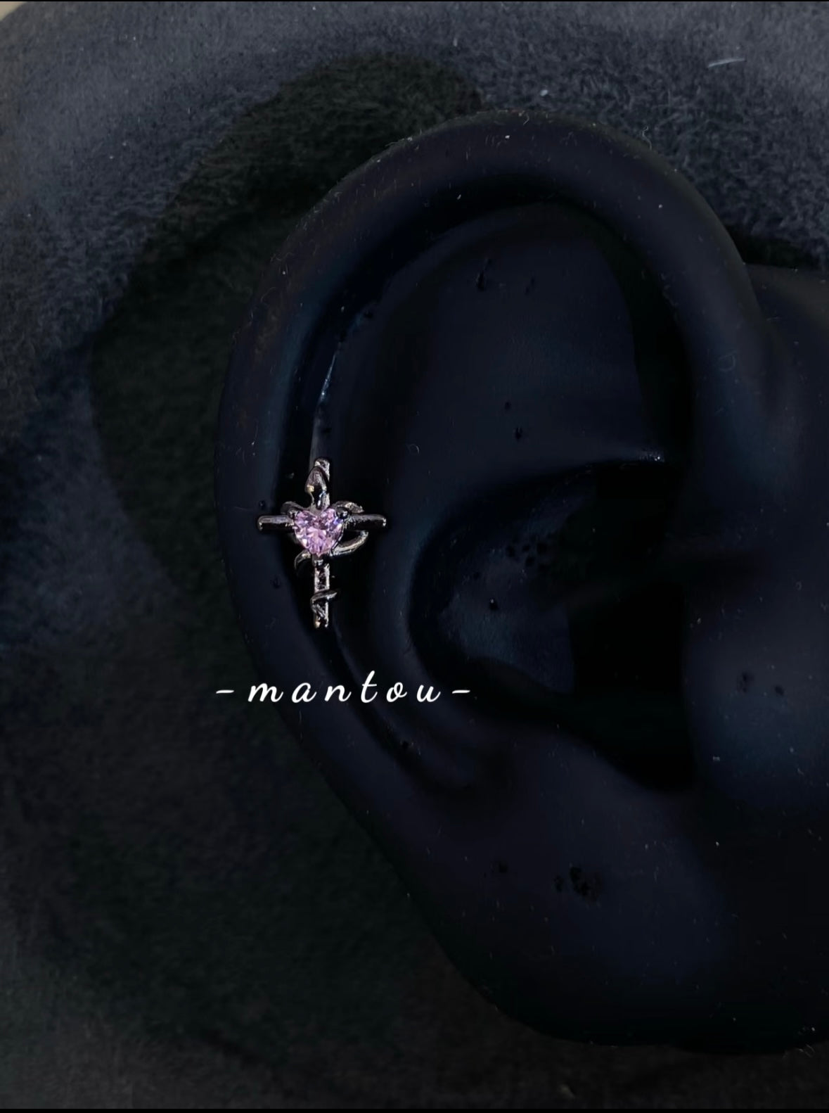 Pink Heart & Snake Wrapped Cross Stud ā Gothic Piercing for Lobe, Helix & Conch
