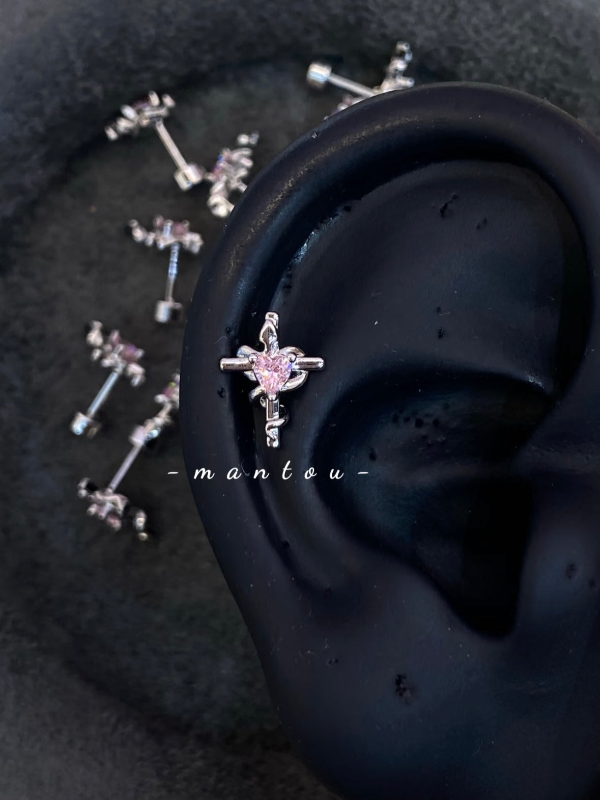Pink Heart & Snake Wrapped Cross Stud ā Gothic Piercing for Lobe, Helix & Conch