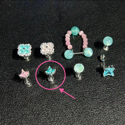 Fresh Mint Clover Cartilage Stud & Pastel Mountain Ear Chain Set – Green Starburst Stud Earrings