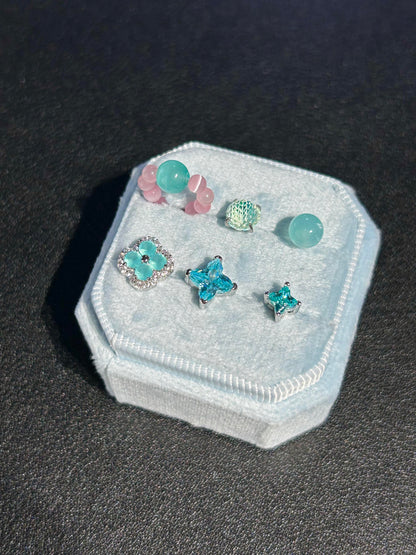 Fresh Mint Clover Cartilage Stud & Pastel Mountain Ear Chain Set – Green Starburst Stud Earrings