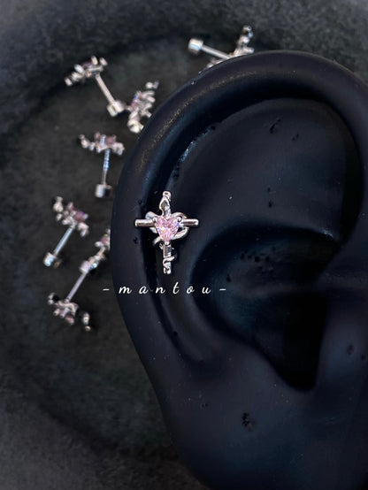 Pink Heart & Snake Wrapped Cross Stud – Gothic Piercing for Lobe, Helix & Conch