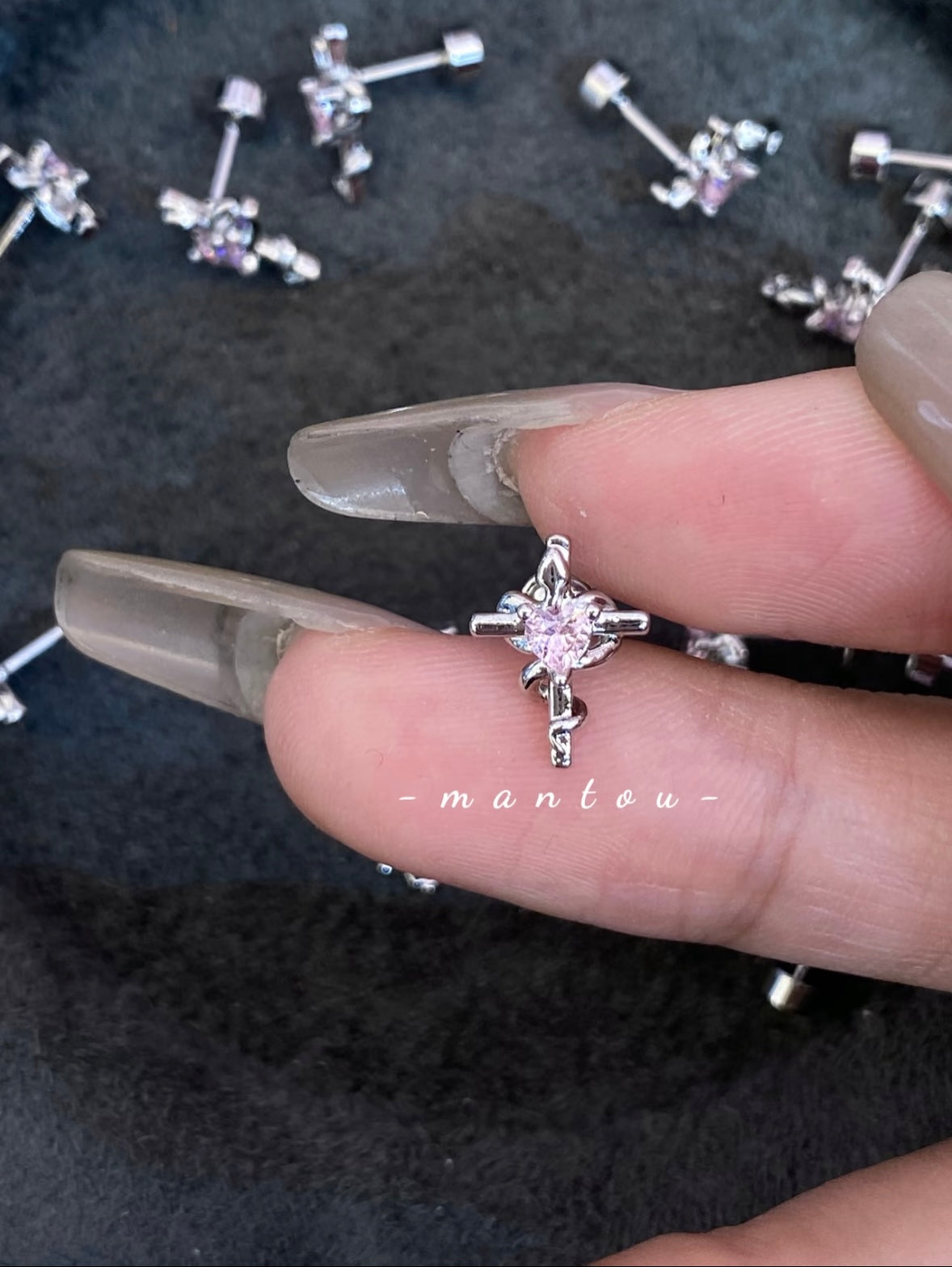 Pink Heart & Snake Wrapped Cross Stud – Gothic Piercing for Lobe, Helix & Conch
