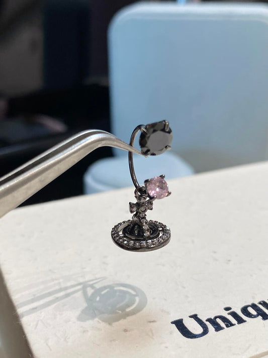Black & Pink Saturn Stud Earrings – Stainless Steel with Zircon Sparkle